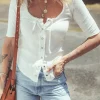 Hot Dear-Lover Snap Button Drawstirng Tie Neck Textured Half Sleeve Shirt White
