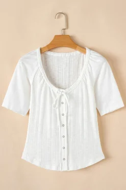 Hot Dear-Lover Snap Button Drawstirng Tie Neck Textured Half Sleeve Shirt White
