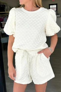 Outlet Dear-Lover Solid Color Checkered Texture Short 2pcs Outfit White