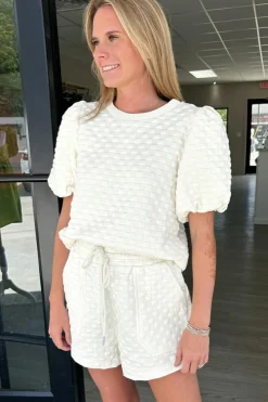 Outlet Dear-Lover Solid Color Checkered Texture Short 2pcs Outfit White