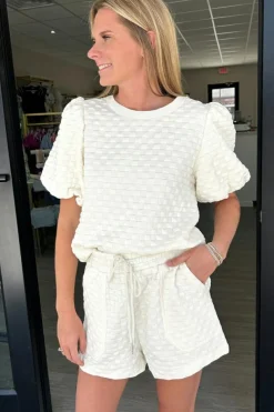 Outlet Dear-Lover Solid Color Checkered Texture Short 2pcs Outfit White