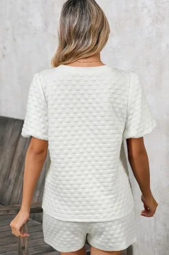 Outlet Dear-Lover Solid Color Checkered Texture Short 2pcs Outfit White