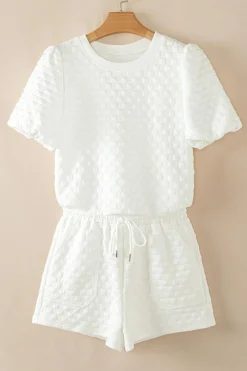 Outlet Dear-Lover Solid Color Checkered Texture Short 2pcs Outfit White