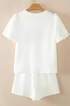 Outlet Dear-Lover Solid Color Checkered Texture Short 2pcs Outfit White