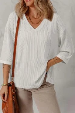 New Dear-Lover Solid Color Corded Drop Shoulder 3/4 Sleeve V Neck Top White