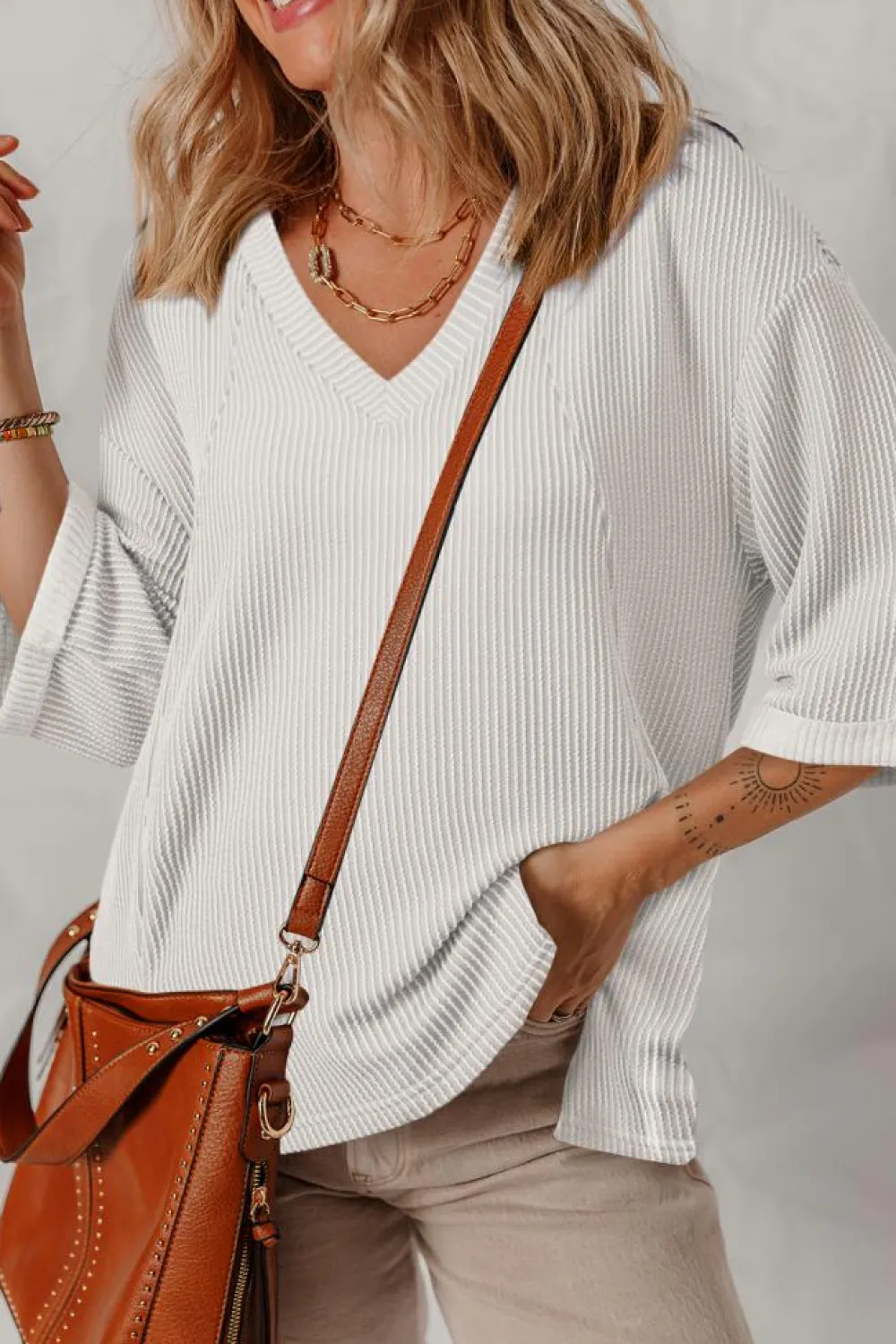 New Dear-Lover Solid Color Corded Drop Shoulder 3/4 Sleeve V Neck Top White
