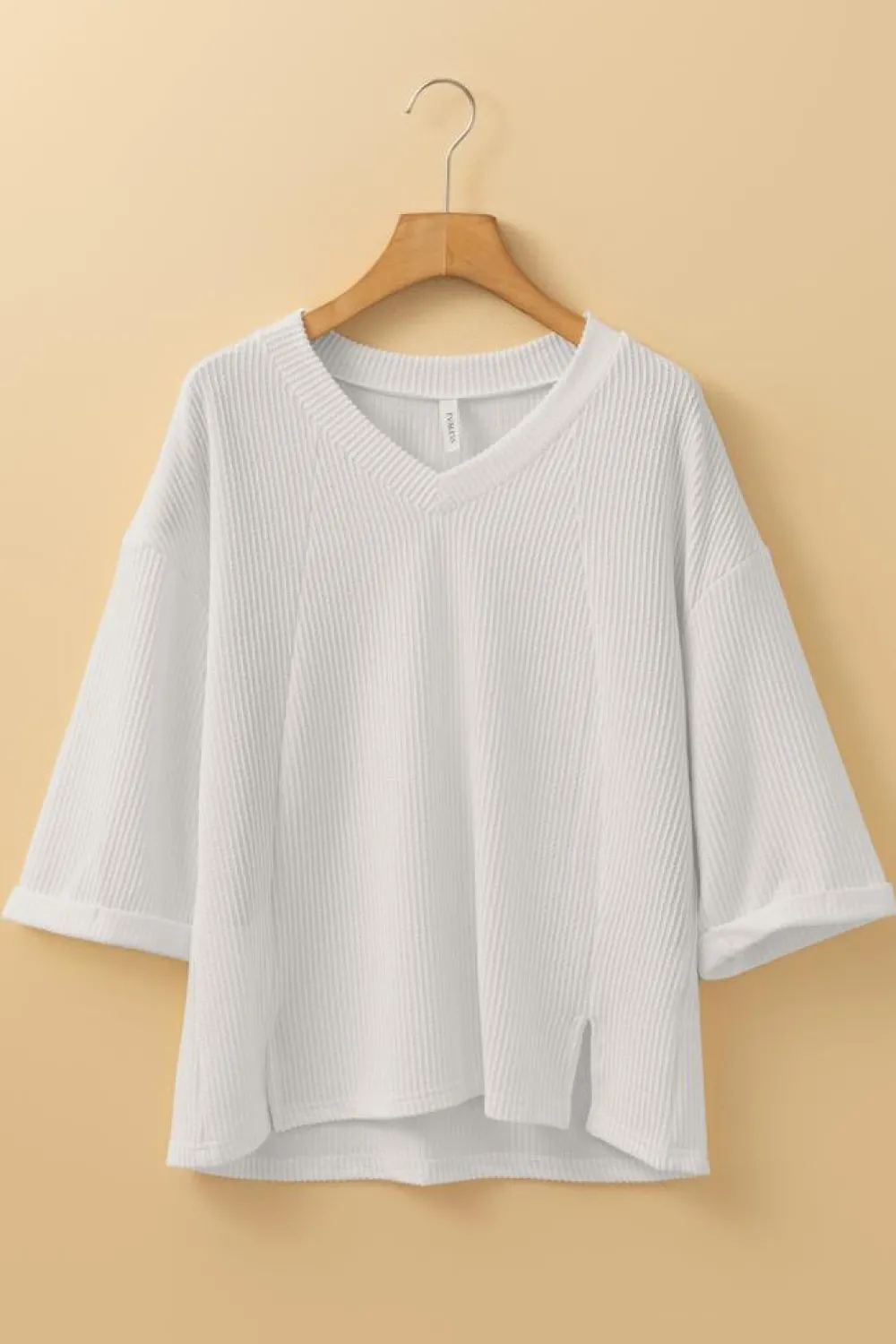 New Dear-Lover Solid Color Corded Drop Shoulder 3/4 Sleeve V Neck Top White
