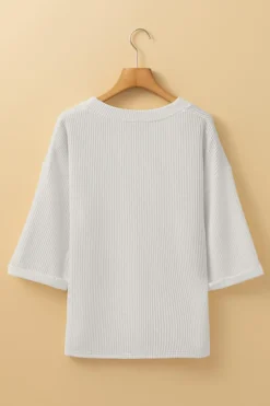 New Dear-Lover Solid Color Corded Drop Shoulder 3/4 Sleeve V Neck Top White