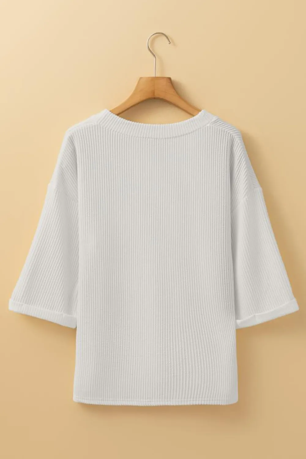 New Dear-Lover Solid Color Corded Drop Shoulder 3/4 Sleeve V Neck Top White