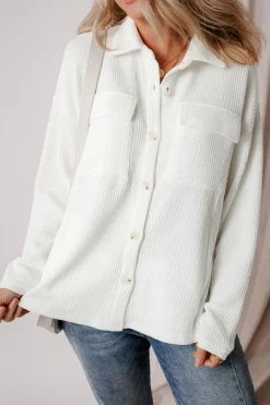 Online Dear-Lover Solid Color Corduroy Buttoned Long Sleeve Jacket White