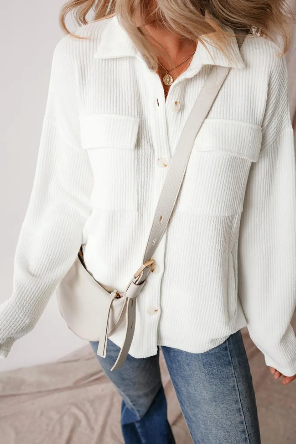 Online Dear-Lover Solid Color Corduroy Buttoned Long Sleeve Jacket White