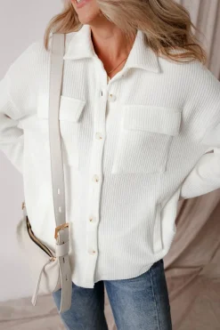 Online Dear-Lover Solid Color Corduroy Buttoned Long Sleeve Jacket White