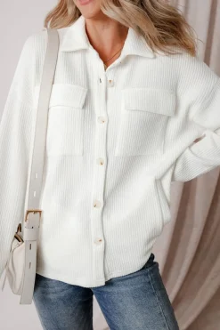 Online Dear-Lover Solid Color Corduroy Buttoned Long Sleeve Jacket White