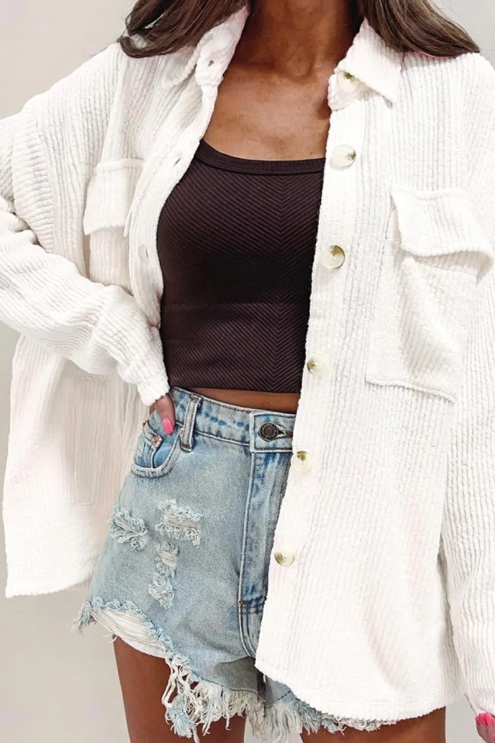 Online Dear-Lover Solid Color Corduroy Buttoned Long Sleeve Jacket White
