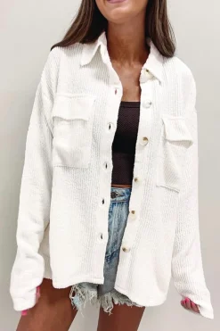 Online Dear-Lover Solid Color Corduroy Buttoned Long Sleeve Jacket White