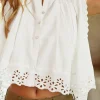 Sale Dear-Lover Solid Color Lace Crochet Eyelets Sleeveless Buttoned Shirt White