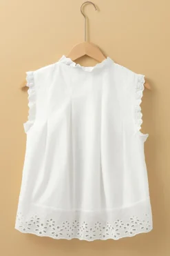 Sale Dear-Lover Solid Color Lace Crochet Eyelets Sleeveless Buttoned Shirt White