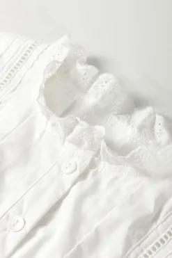Sale Dear-Lover Solid Color Lace Crochet Eyelets Sleeveless Buttoned Shirt White