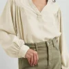Online Dear-Lover Solid Color Lantern Sleeve Notched V Neck Blouse White