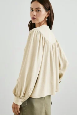 Online Dear-Lover Solid Color Lantern Sleeve Notched V Neck Blouse White