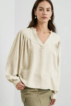 Online Dear-Lover Solid Color Lantern Sleeve Notched V Neck Blouse White