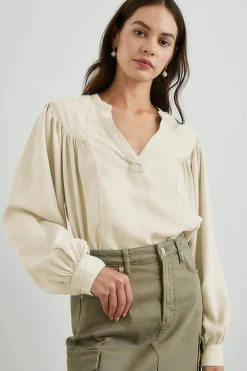 Online Dear-Lover Solid Color Lantern Sleeve Notched V Neck Blouse White