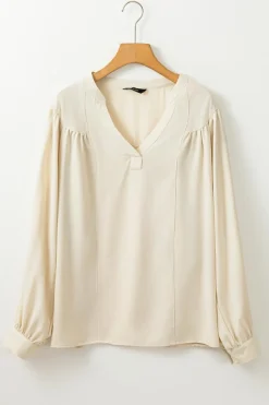 Online Dear-Lover Solid Color Lantern Sleeve Notched V Neck Blouse White