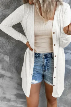 Fashion Dear-Lover Solid Color Open-Front Buttons Cardigan White
