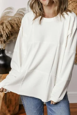 Best Dear-Lover Solid Color Patchwork Drop Shoulder Baggy Sweatshirt White