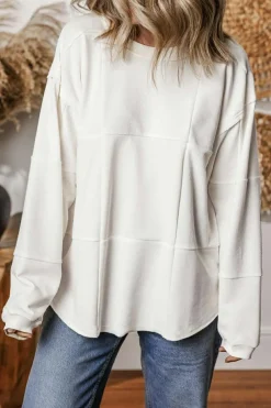 Best Dear-Lover Solid Color Patchwork Drop Shoulder Baggy Sweatshirt White
