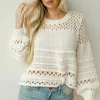 Best Dear-Lover Solid Color Pointelle Knit Puff Sleeve Sweater White