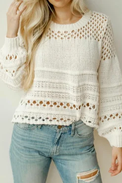 Best Dear-Lover Solid Color Pointelle Knit Puff Sleeve Sweater White
