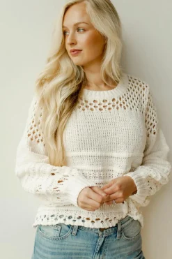 Best Dear-Lover Solid Color Pointelle Knit Puff Sleeve Sweater White