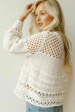 Best Dear-Lover Solid Color Pointelle Knit Puff Sleeve Sweater White