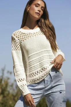 Best Dear-Lover Solid Color Pointelle Knit Puff Sleeve Sweater White