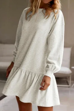 Fashion Dear-Lover Solid Color Puff Sleeve Ruffle Hem Mini Dress White
