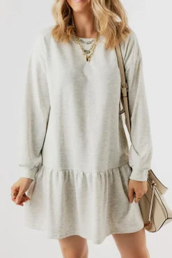 Fashion Dear-Lover Solid Color Puff Sleeve Ruffle Hem Mini Dress White