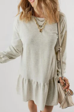Fashion Dear-Lover Solid Color Puff Sleeve Ruffle Hem Mini Dress White
