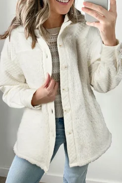 Sale Dear-Lover Solid Color Quilted Sherpa Patchwork Button Up Shacket White