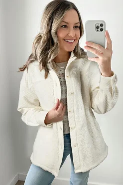 Sale Dear-Lover Solid Color Quilted Sherpa Patchwork Button Up Shacket White