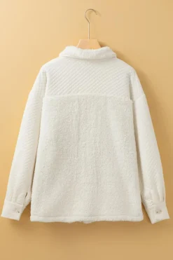 Sale Dear-Lover Solid Color Quilted Sherpa Patchwork Button Up Shacket White