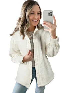 Sale Dear-Lover Solid Color Quilted Sherpa Patchwork Button Up Shacket White