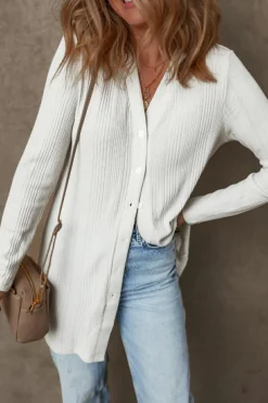 Outlet Dear-Lover Solid Color Ribbed Button up Tunic Cardigan White