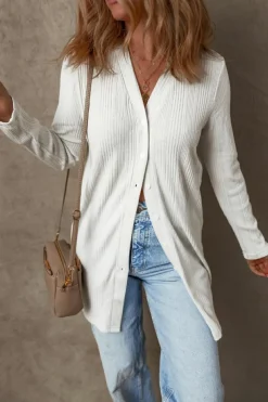 Outlet Dear-Lover Solid Color Ribbed Button up Tunic Cardigan White