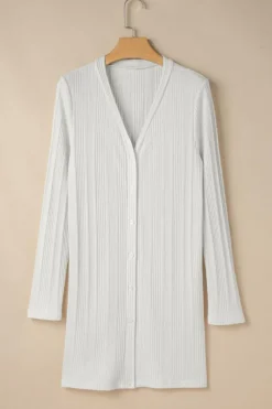 Outlet Dear-Lover Solid Color Ribbed Button up Tunic Cardigan White