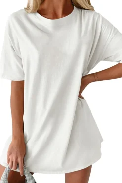 Hot Dear-Lover Solid Color Round Neck Basic Tunic T Shirt White