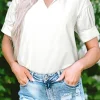 New Dear-Lover Solid Color Ruched Bubble Sleeve V Neck Blouse White