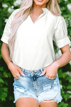 New Dear-Lover Solid Color Ruched Bubble Sleeve V Neck Blouse White