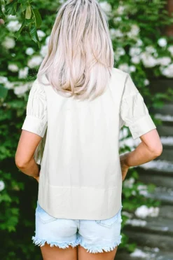 New Dear-Lover Solid Color Ruched Bubble Sleeve V Neck Blouse White