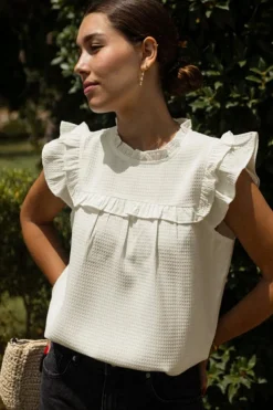 New Dear-Lover Solid Color Ruffle Trim Waffle Knit Blouse White